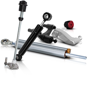 Amortisseurs de direction et accessoires adaptés pour motos, disponibles en différents modèles.